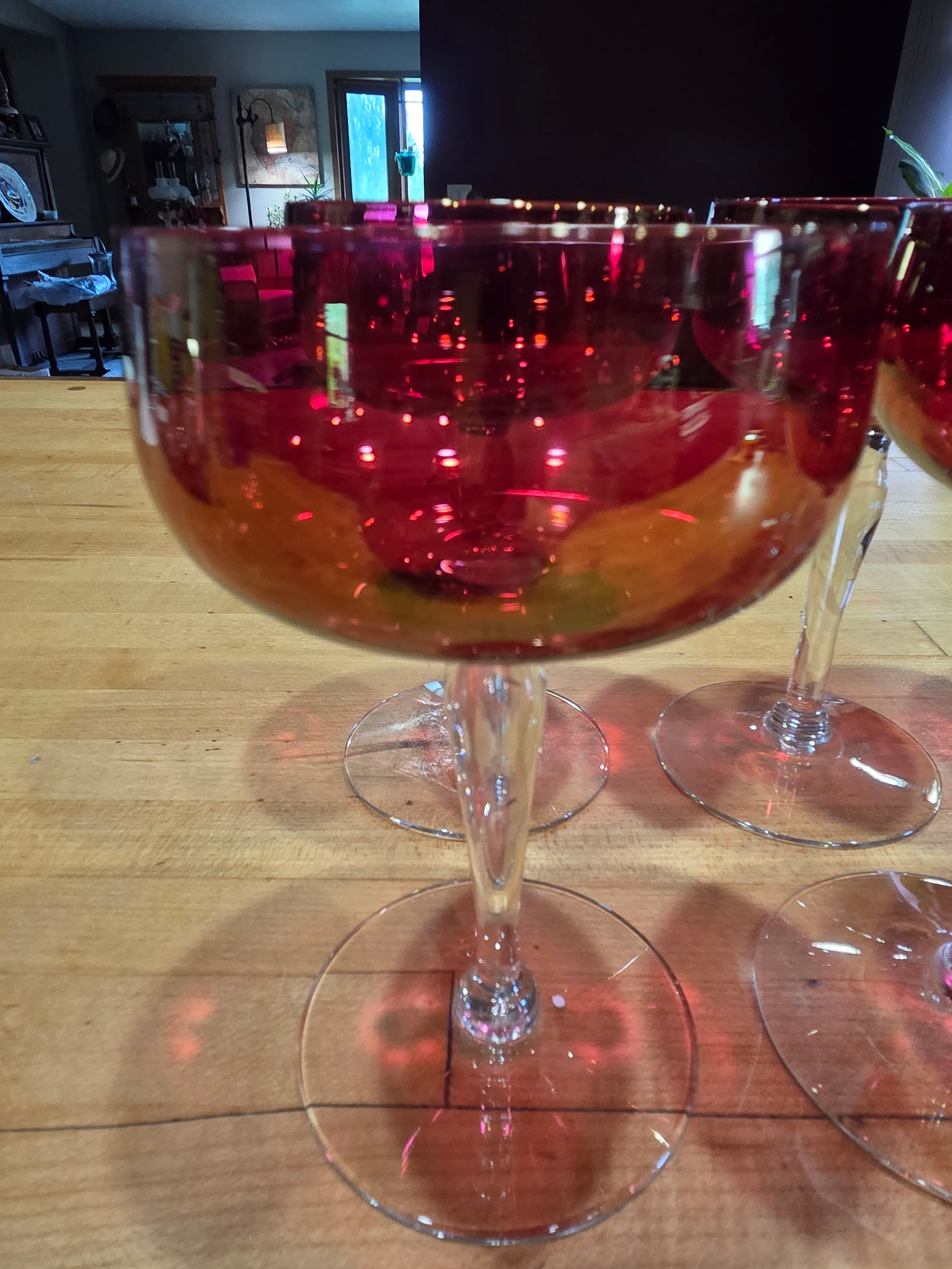 Vintage Ruby Red Champagne Coupe Glasses Clear Stem Set of 8 - Thumbnail 3