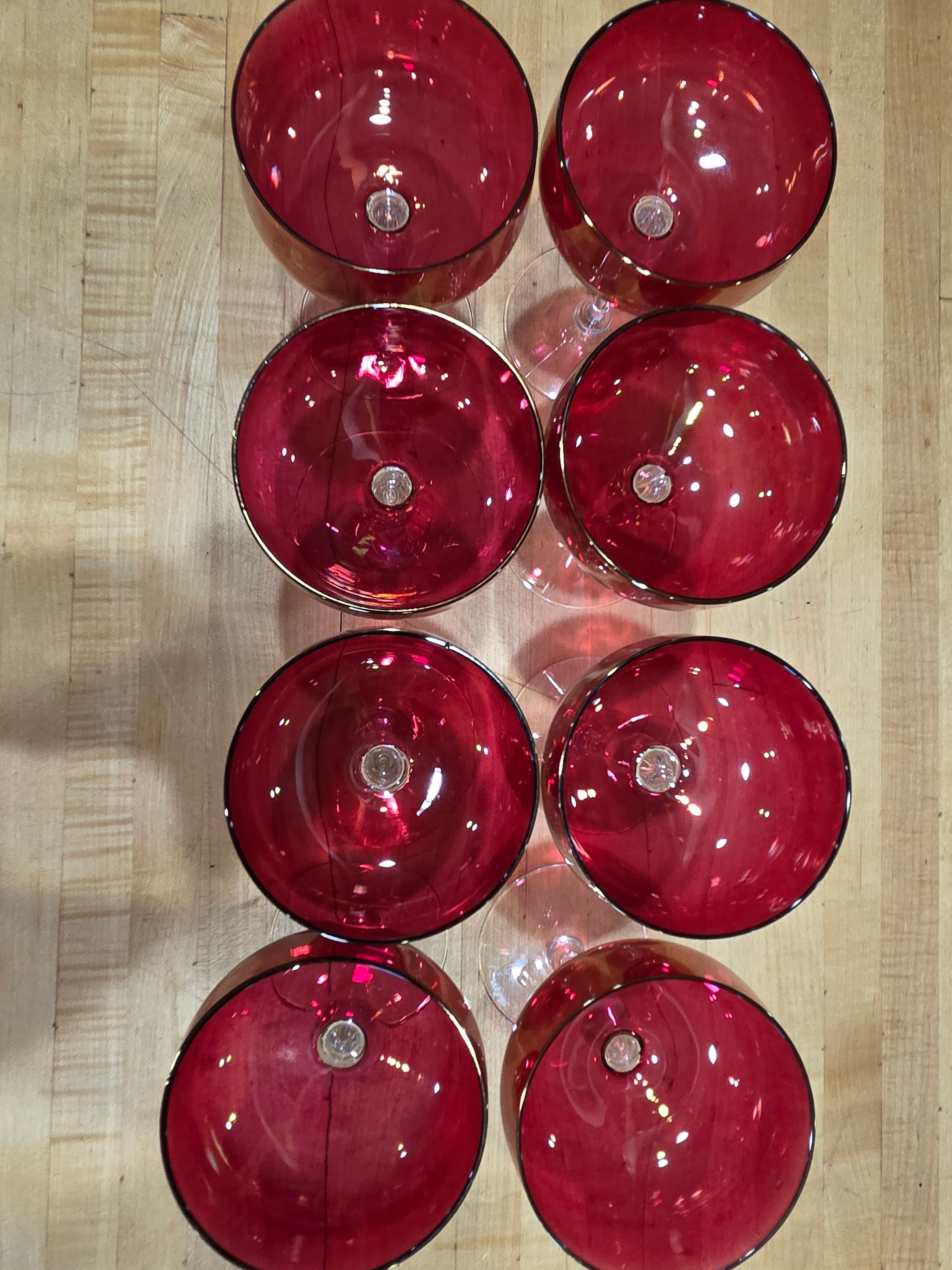 Vintage Ruby Red Champagne Coupe Glasses Clear Stem Set of 8 - Thumbnail 2