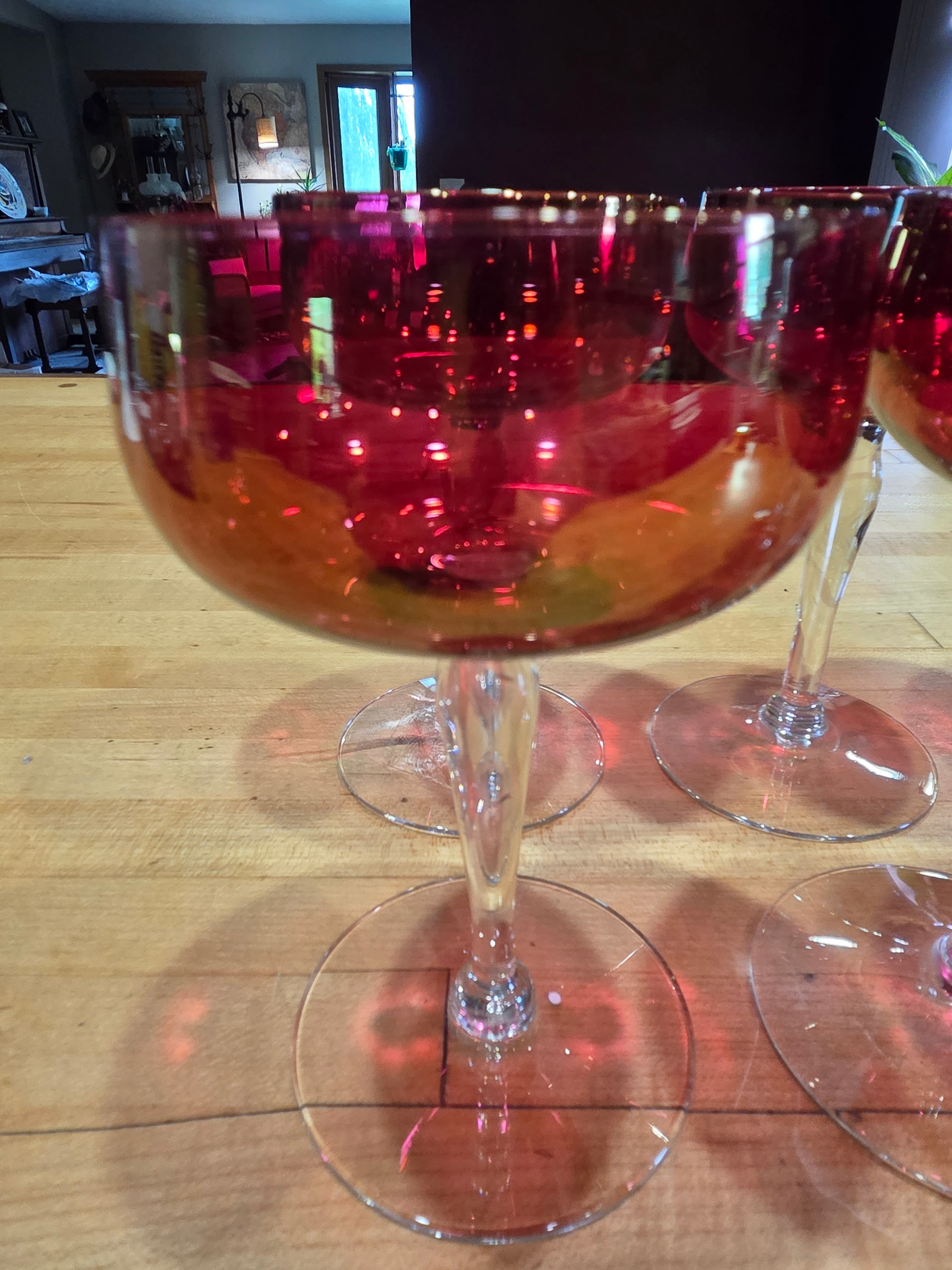 Vintage Ruby Red Champagne Coupe Glasses Clear Stem Set of 8 - Thumbnail 4