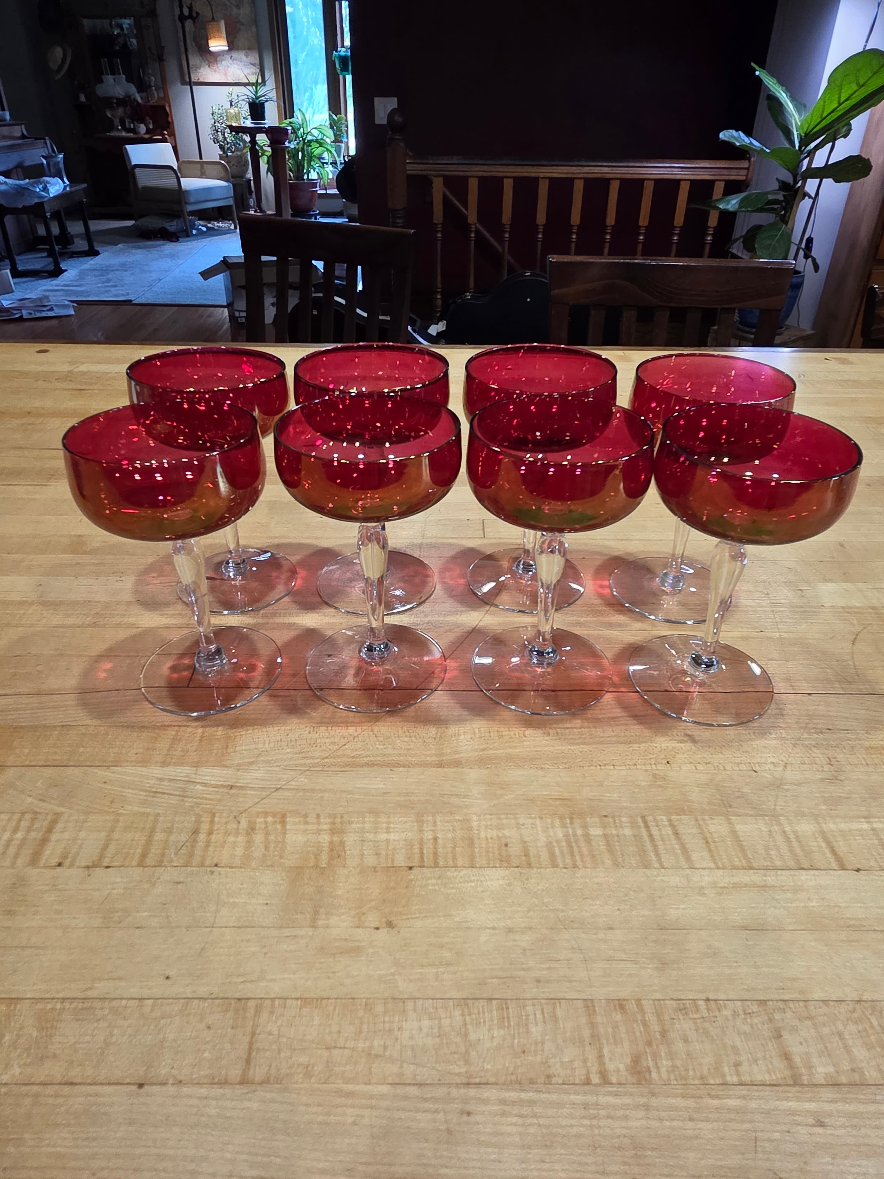 Vintage Ruby Red Champagne Coupe Glasses Clear Stem Set of 8
