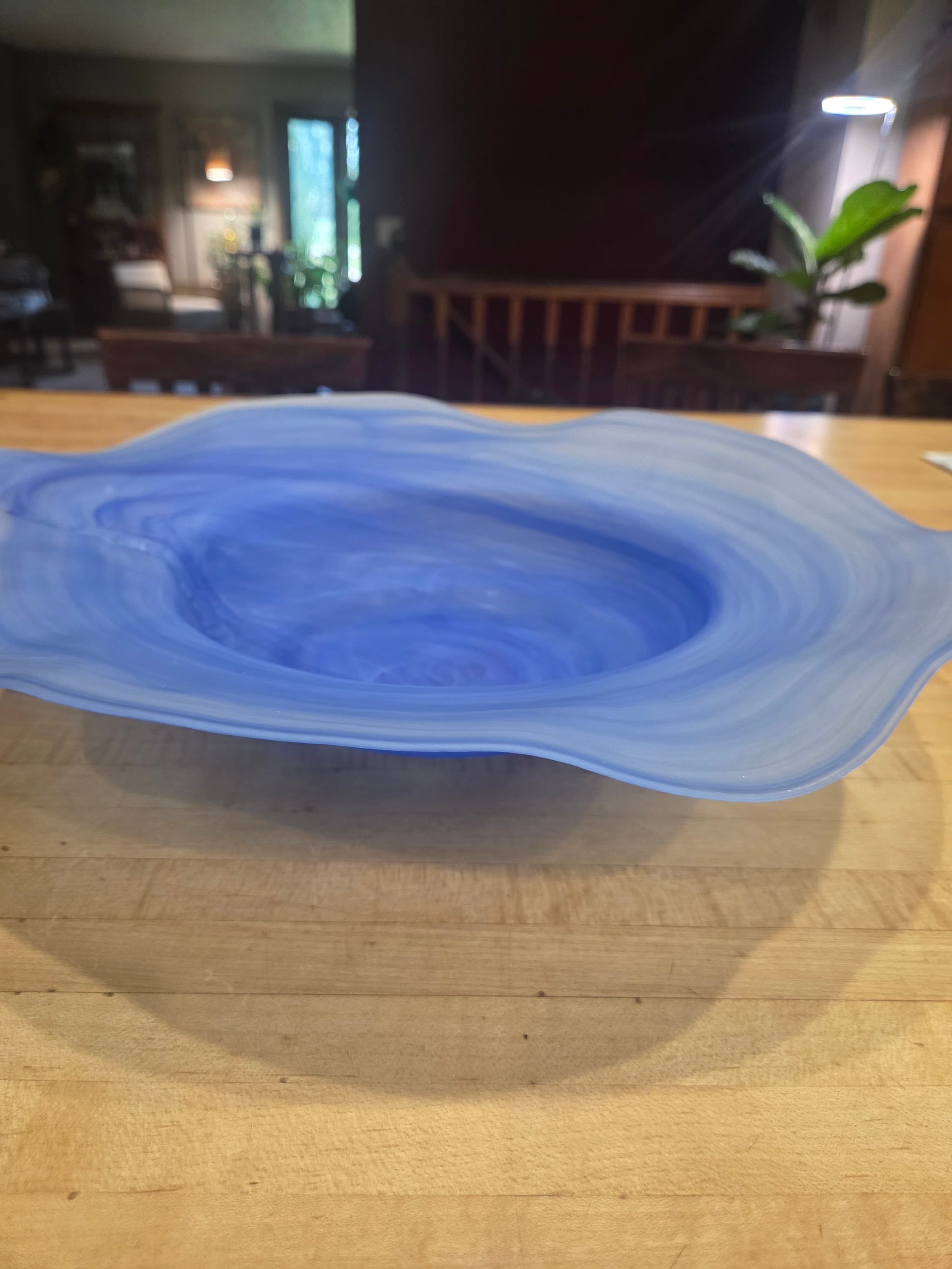 Vintage Alabaster Style Blue Swirl Art Glass Centerpiece Bowl with Metal Stand - Thumbnail 2