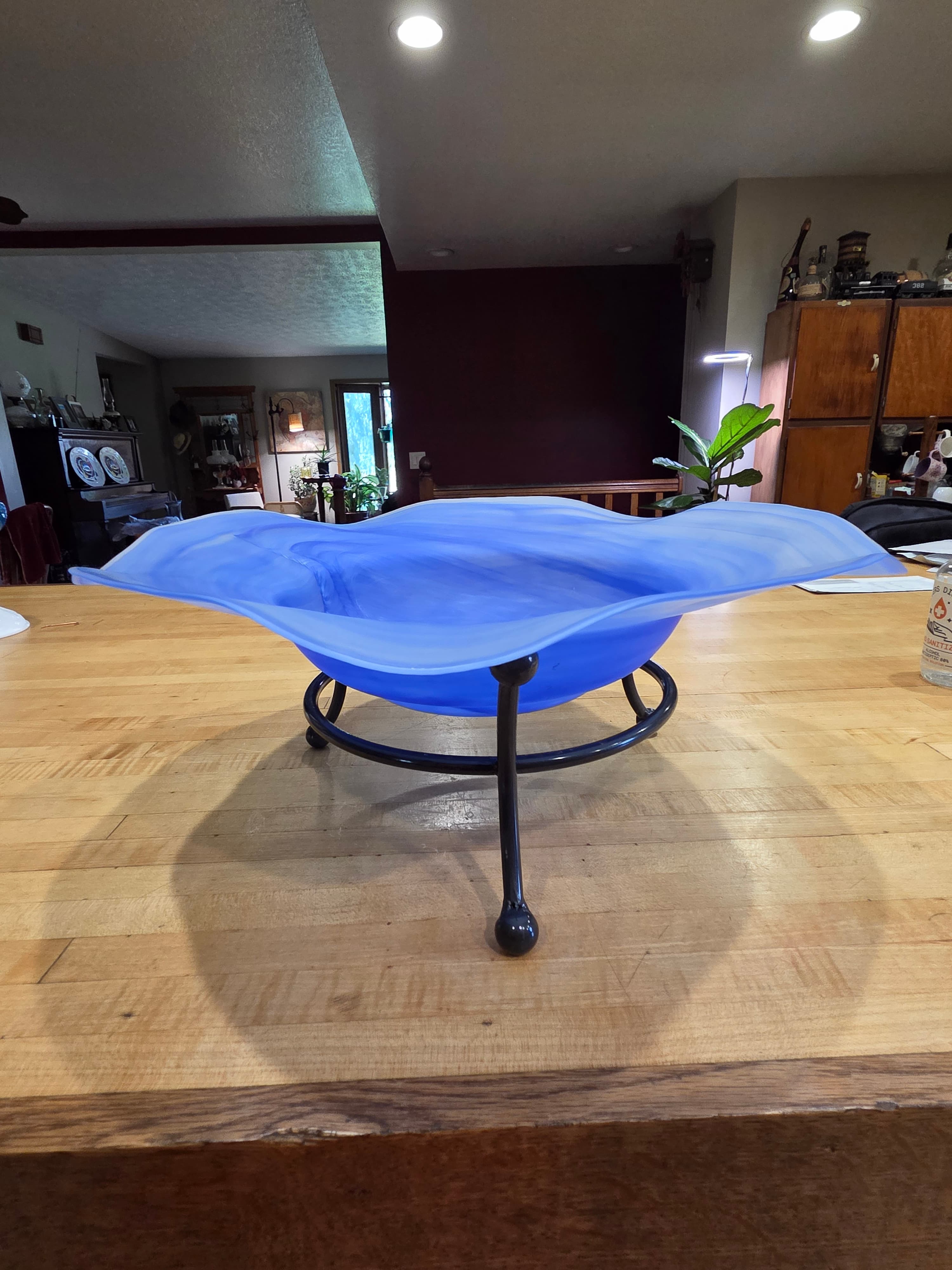 Vintage Alabaster Style Blue Swirl Art Glass Centerpiece Bowl with Metal Stand