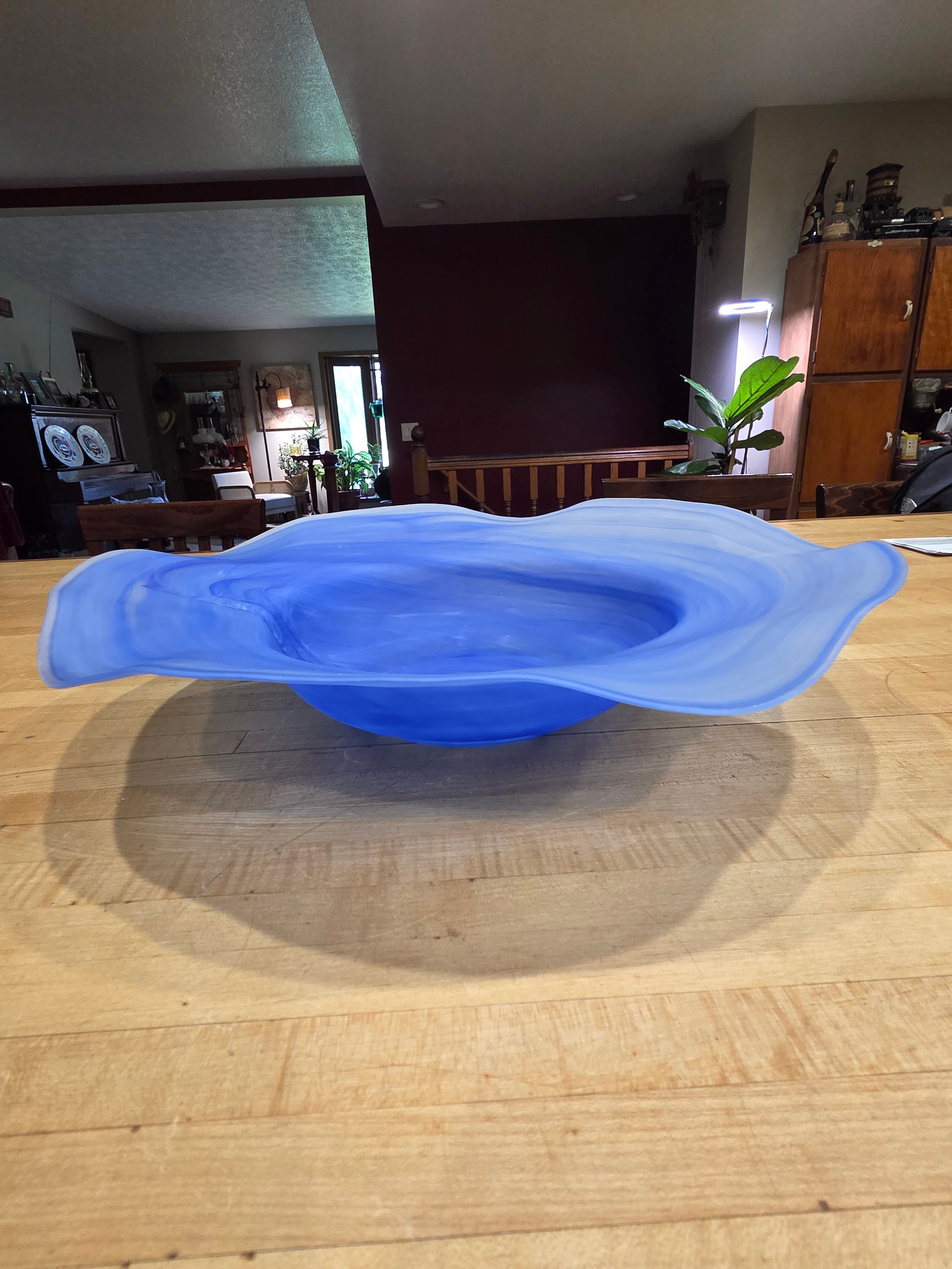 Vintage Alabaster Style Blue Swirl Art Glass Centerpiece Bowl with Metal Stand - Thumbnail 3