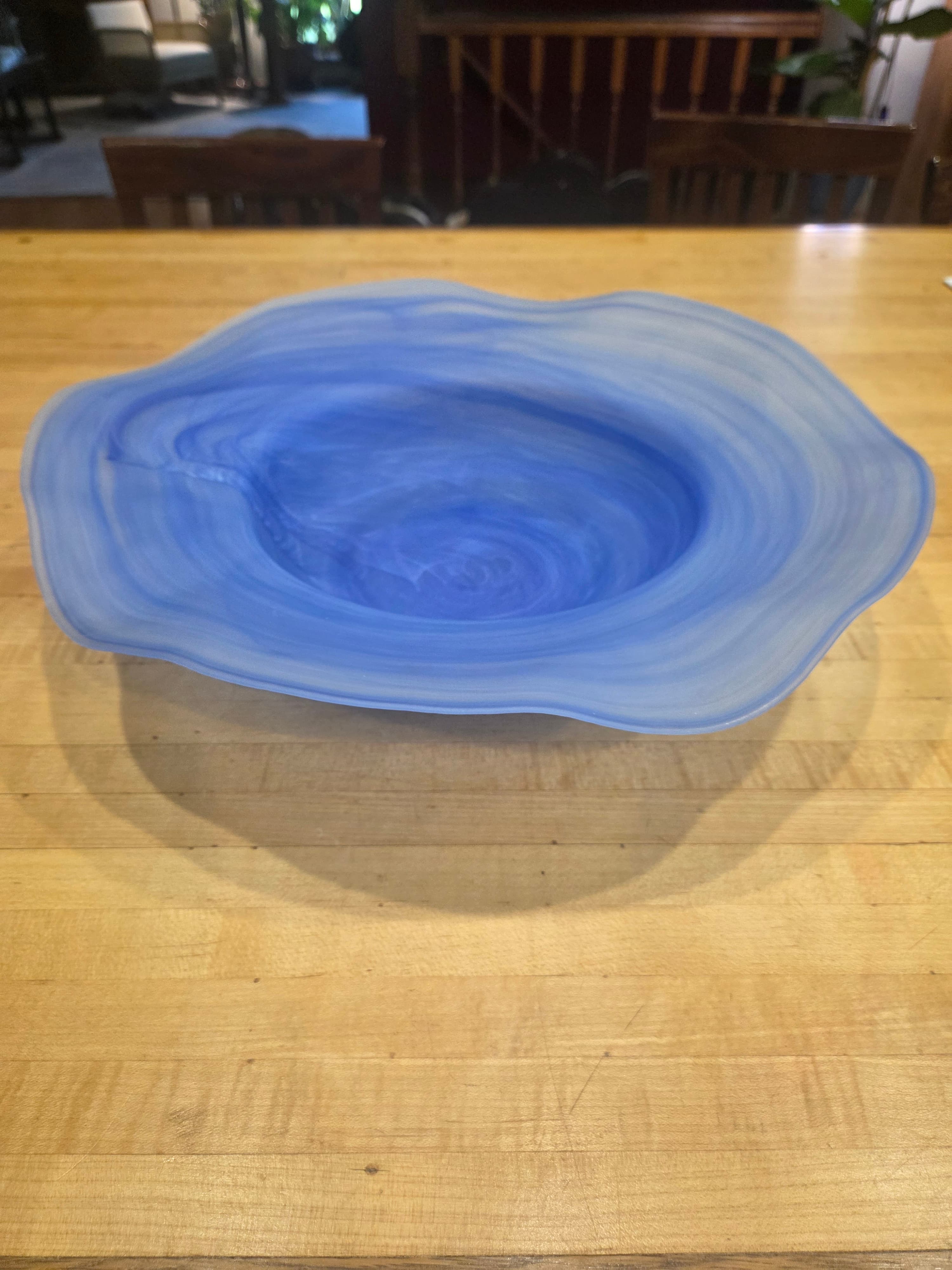 Vintage Alabaster Style Blue Swirl Art Glass Centerpiece Bowl with Metal Stand - Thumbnail 4