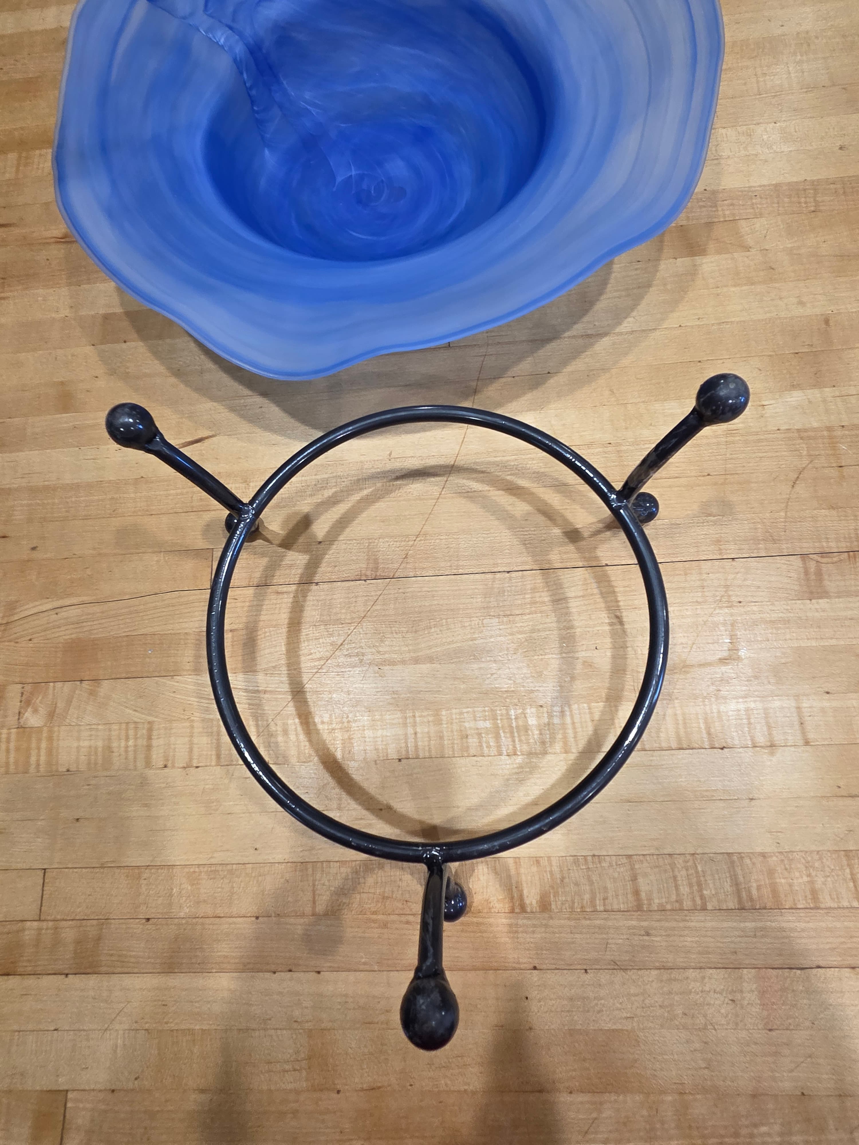 Vintage Alabaster Style Blue Swirl Art Glass Centerpiece Bowl with Metal Stand - Thumbnail 6