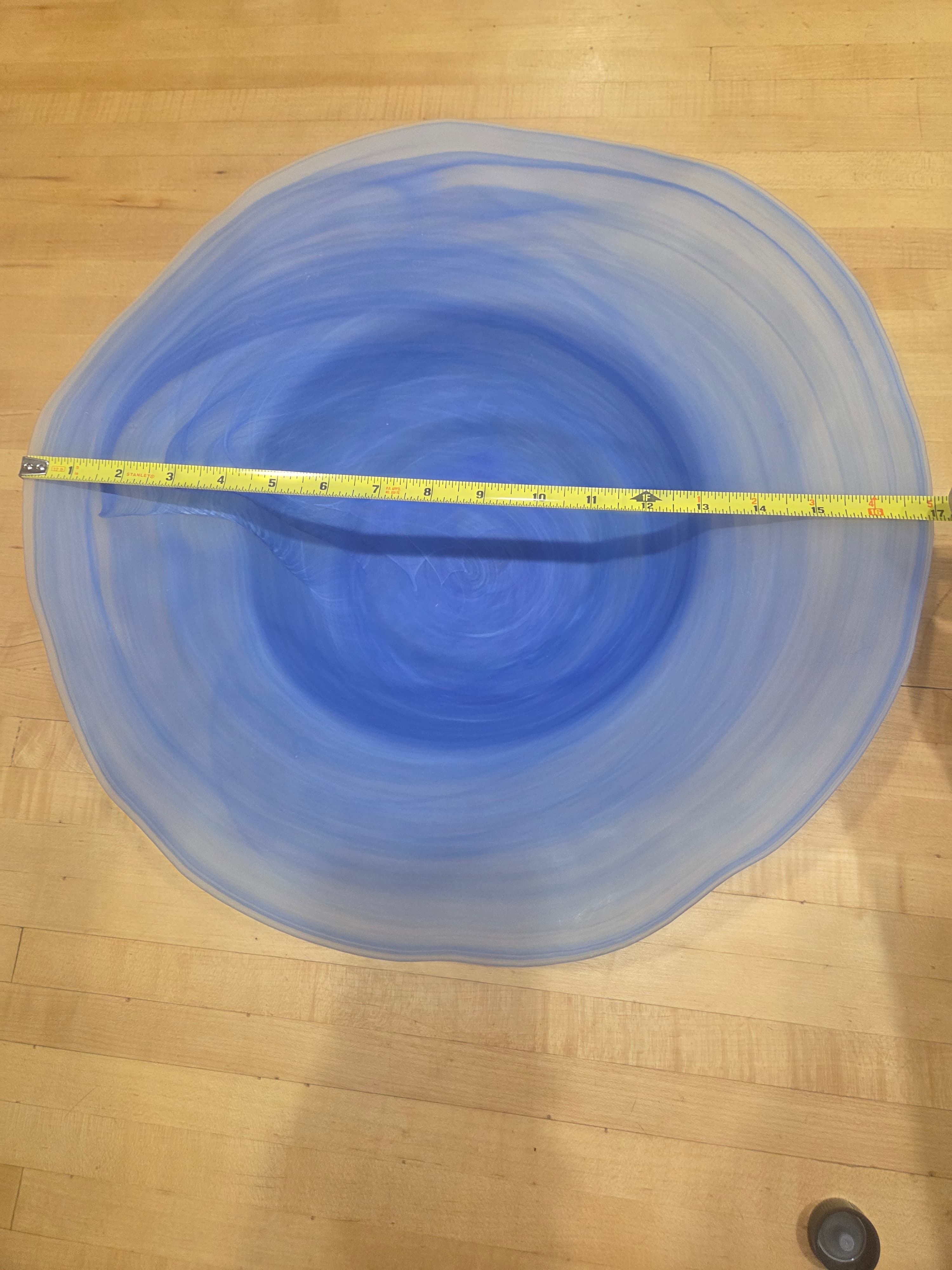 Vintage Alabaster Style Blue Swirl Art Glass Centerpiece Bowl with Metal Stand - Thumbnail 5