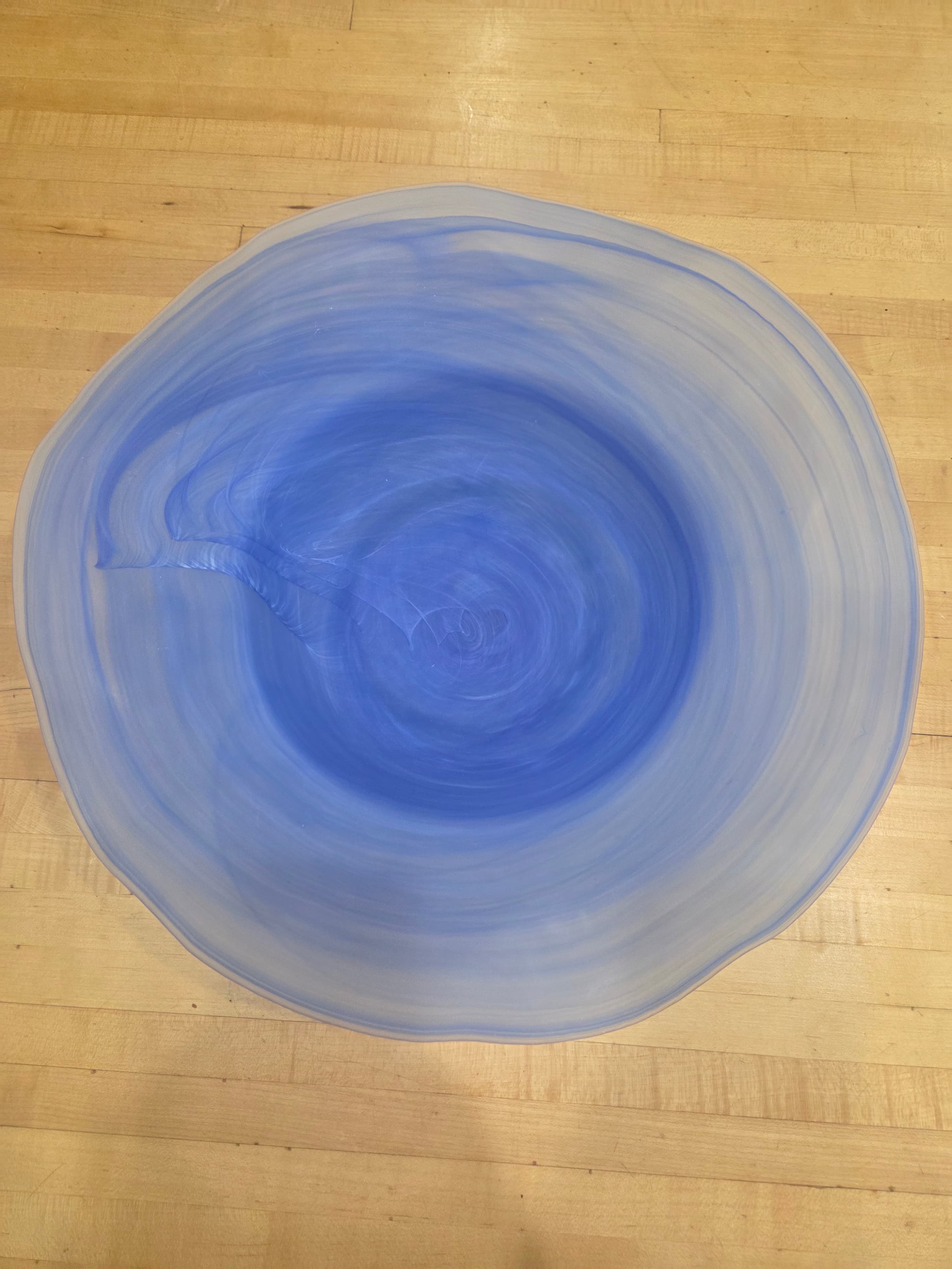 Vintage Alabaster Style Blue Swirl Art Glass Centerpiece Bowl with Metal Stand - Thumbnail 7