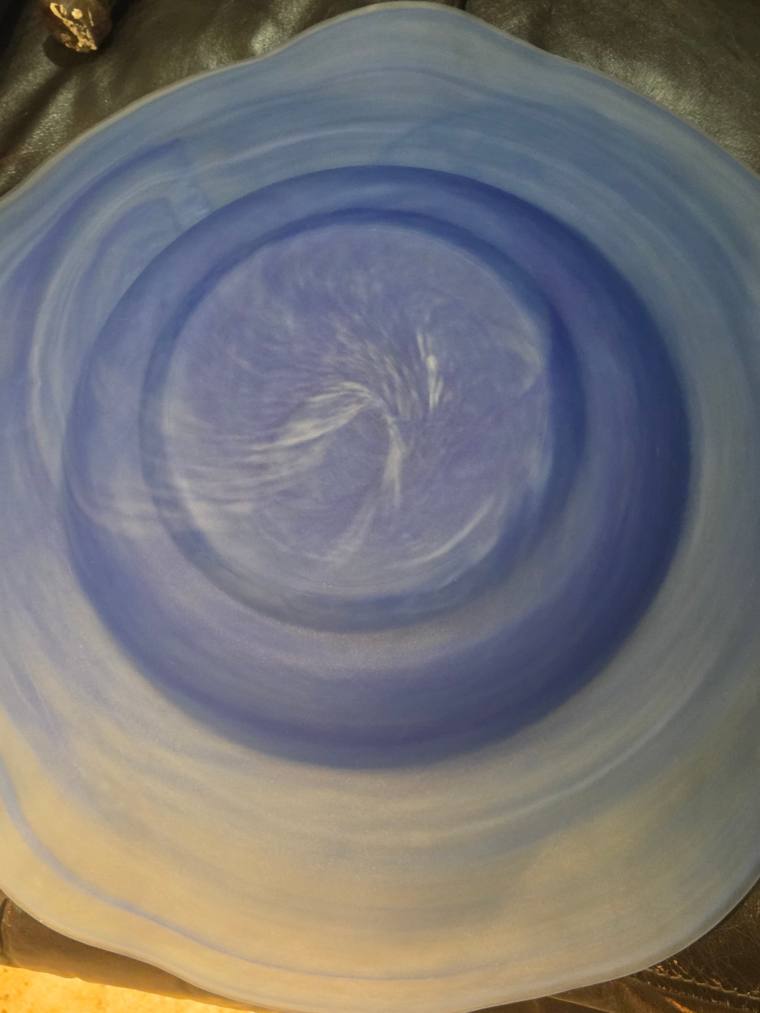 Vintage Alabaster Style Blue Swirl Art Glass Centerpiece Bowl with Metal Stand - Thumbnail 8
