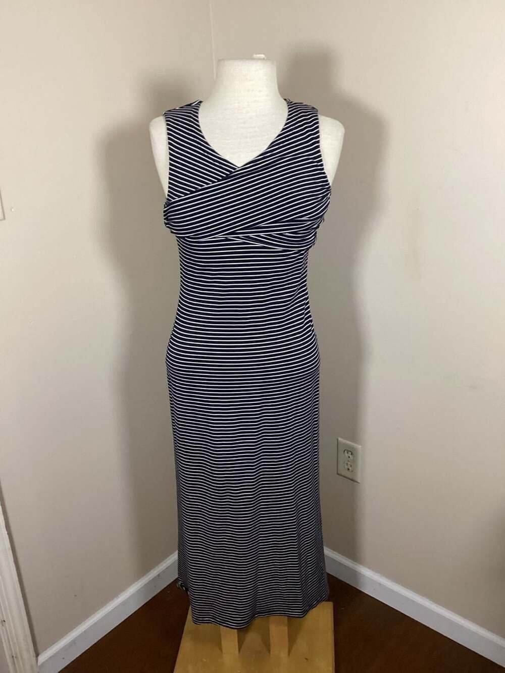 Cabi Outlet Navy & White Striped Criss-Cross Maxi Dress Size XS - Thumbnail 3