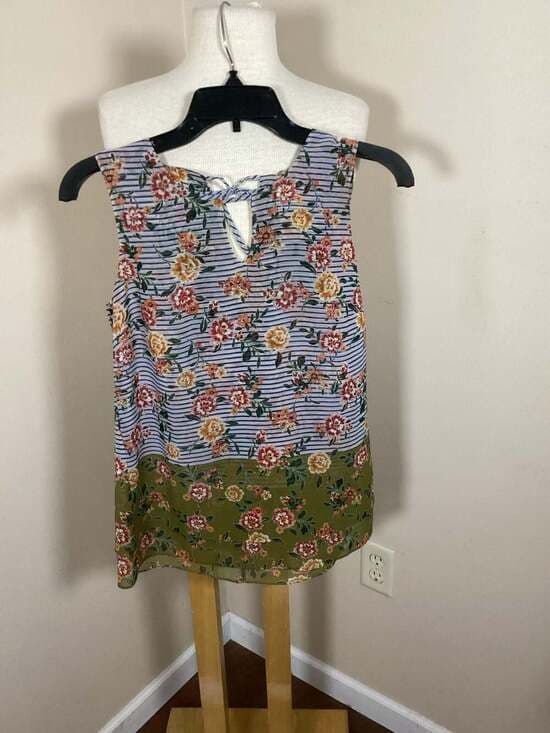 Cabi Penelope Blouse Floral Stripe Keyhole Neck Sleeveless Top Size Small - Thumbnail 4
