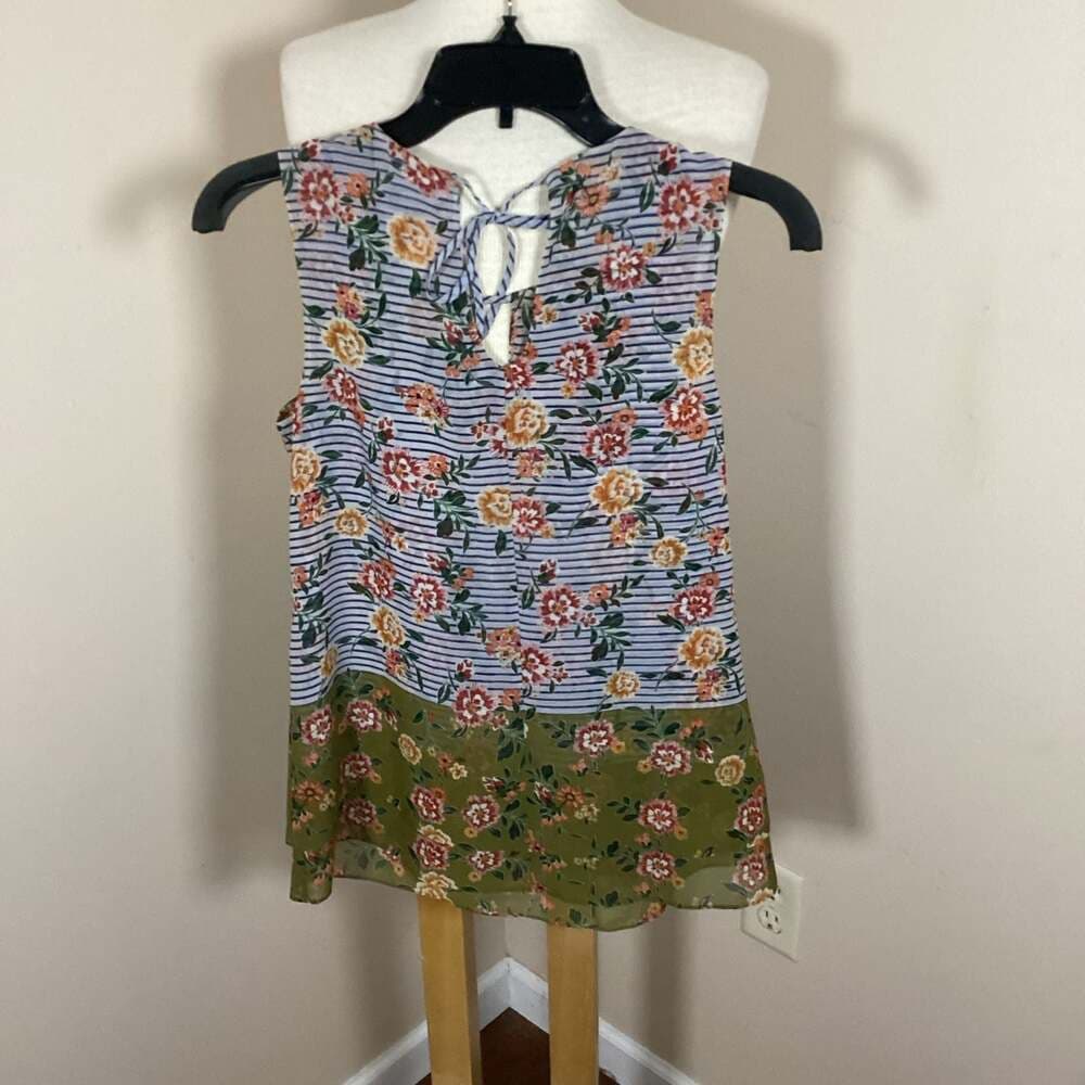 Cabi Penelope Blouse Floral Stripe Keyhole Neck Sleeveless Top Size Small - Thumbnail 2