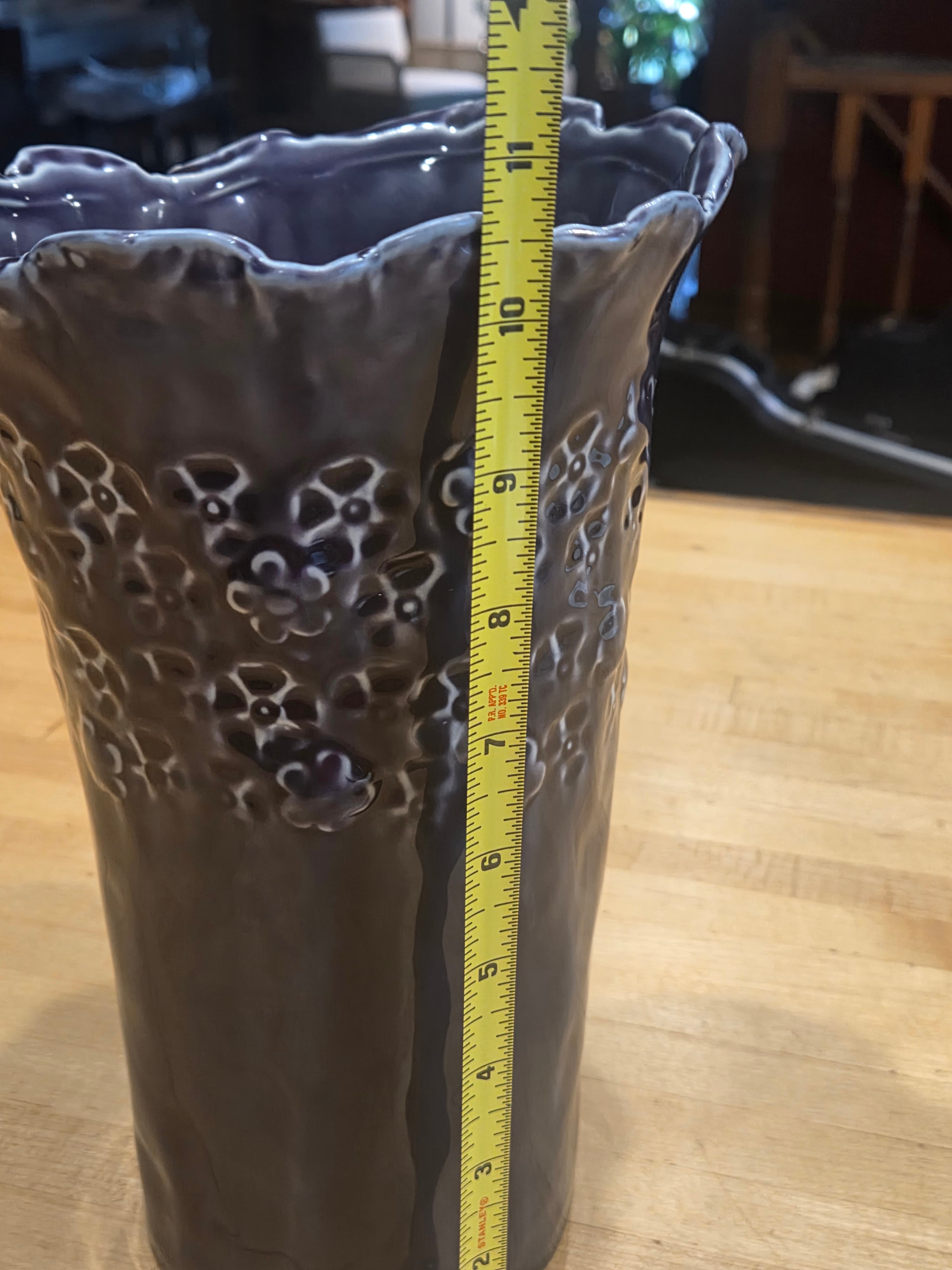 Vintage Purple Glazed Ceramic Ruffled Flower Relief Vase - Thumbnail 4