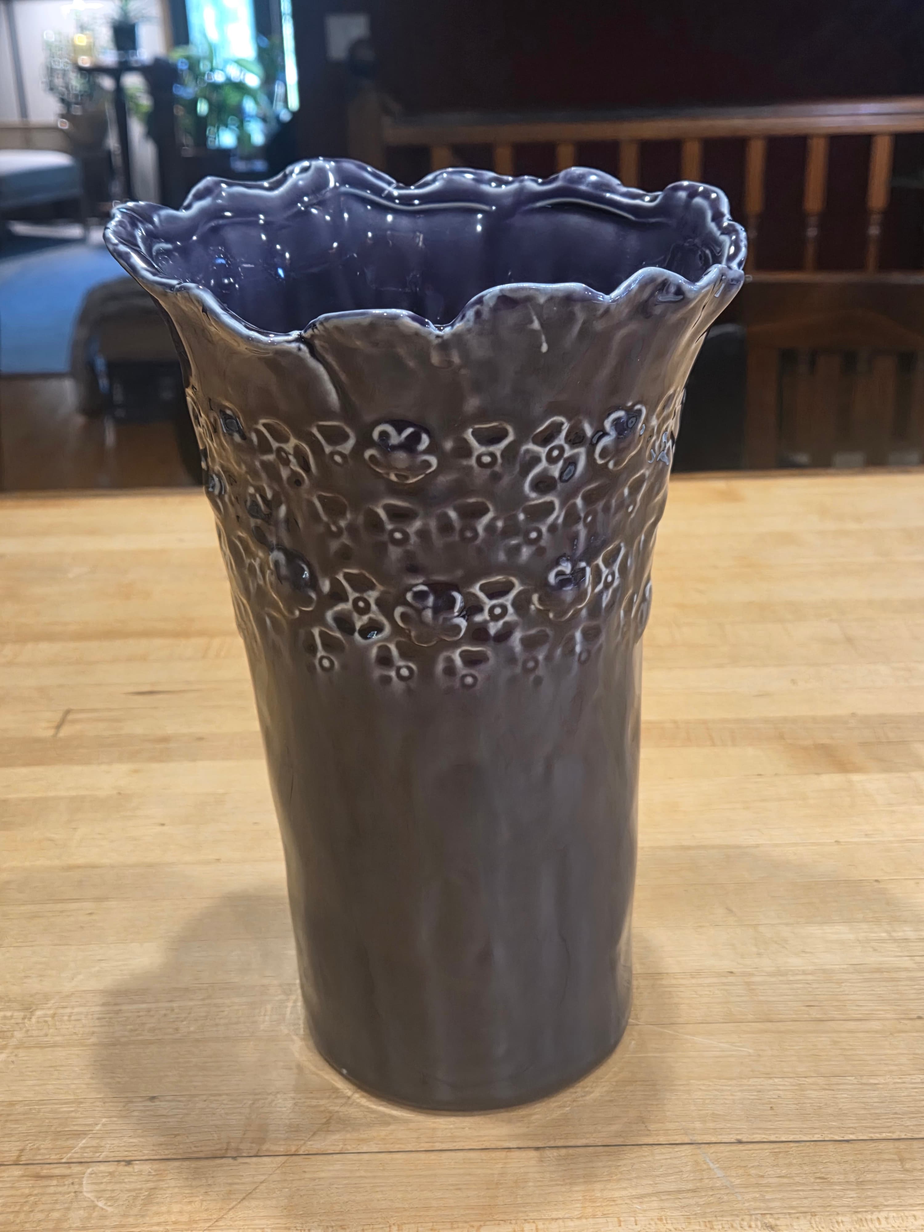 Vintage Purple Glazed Ceramic Ruffled Flower Relief Vase