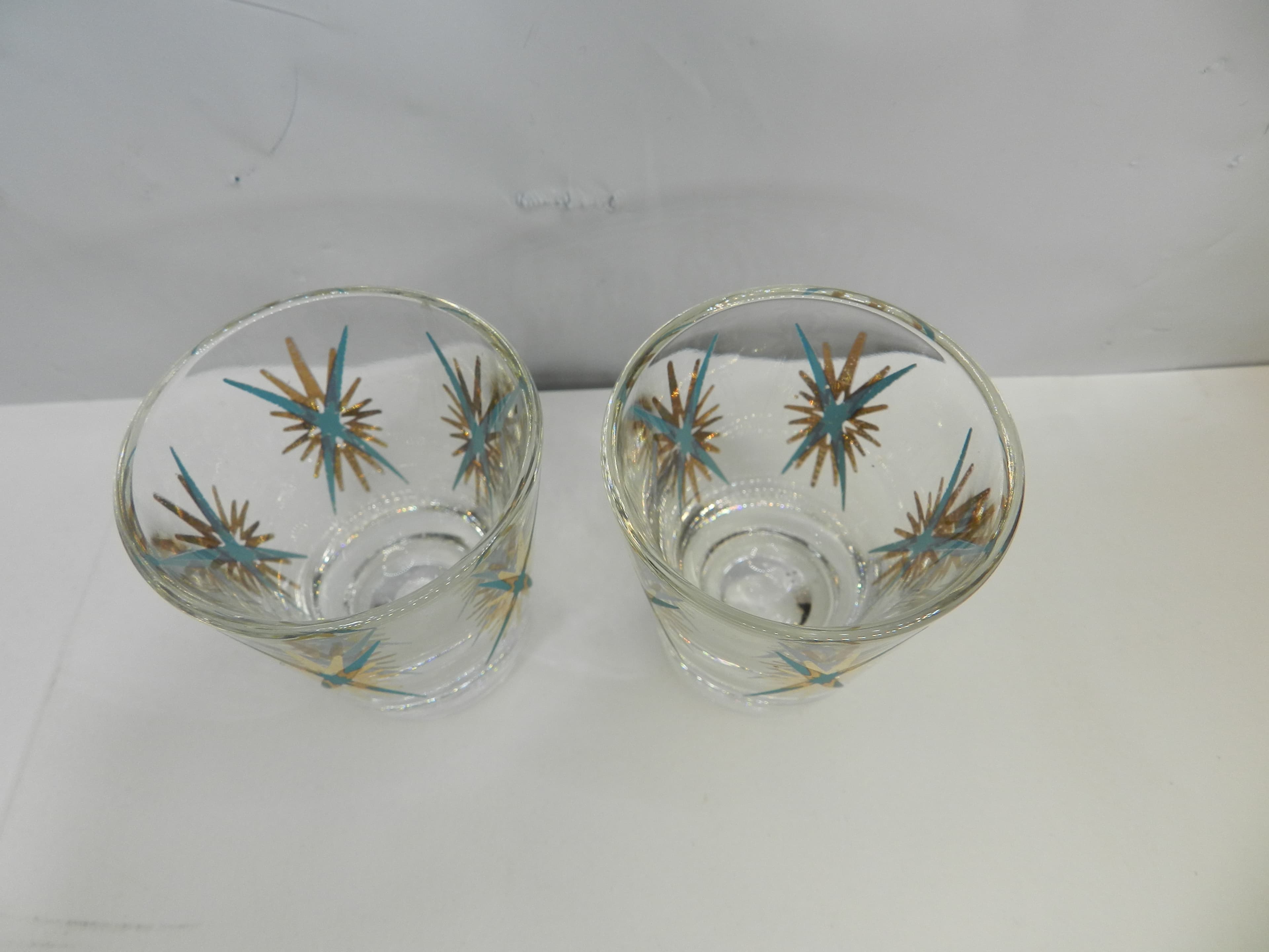 2  Federal Atomic Turquoise & 22-karat Gold Starburst Cocktail Shot Glasses O62J - Thumbnail 2