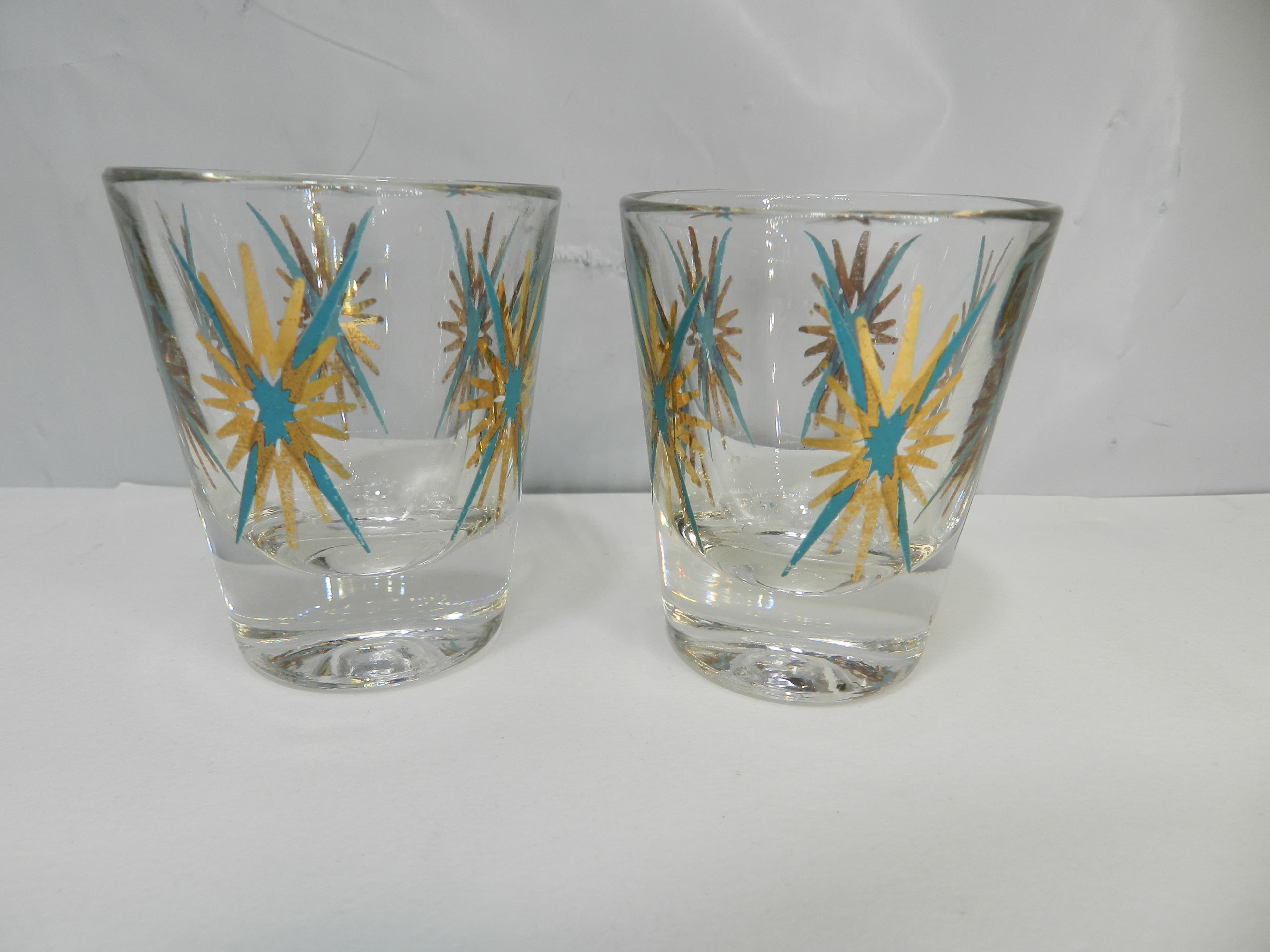 2  Federal Atomic Turquoise & 22-karat Gold Starburst Cocktail Shot Glasses O62J
