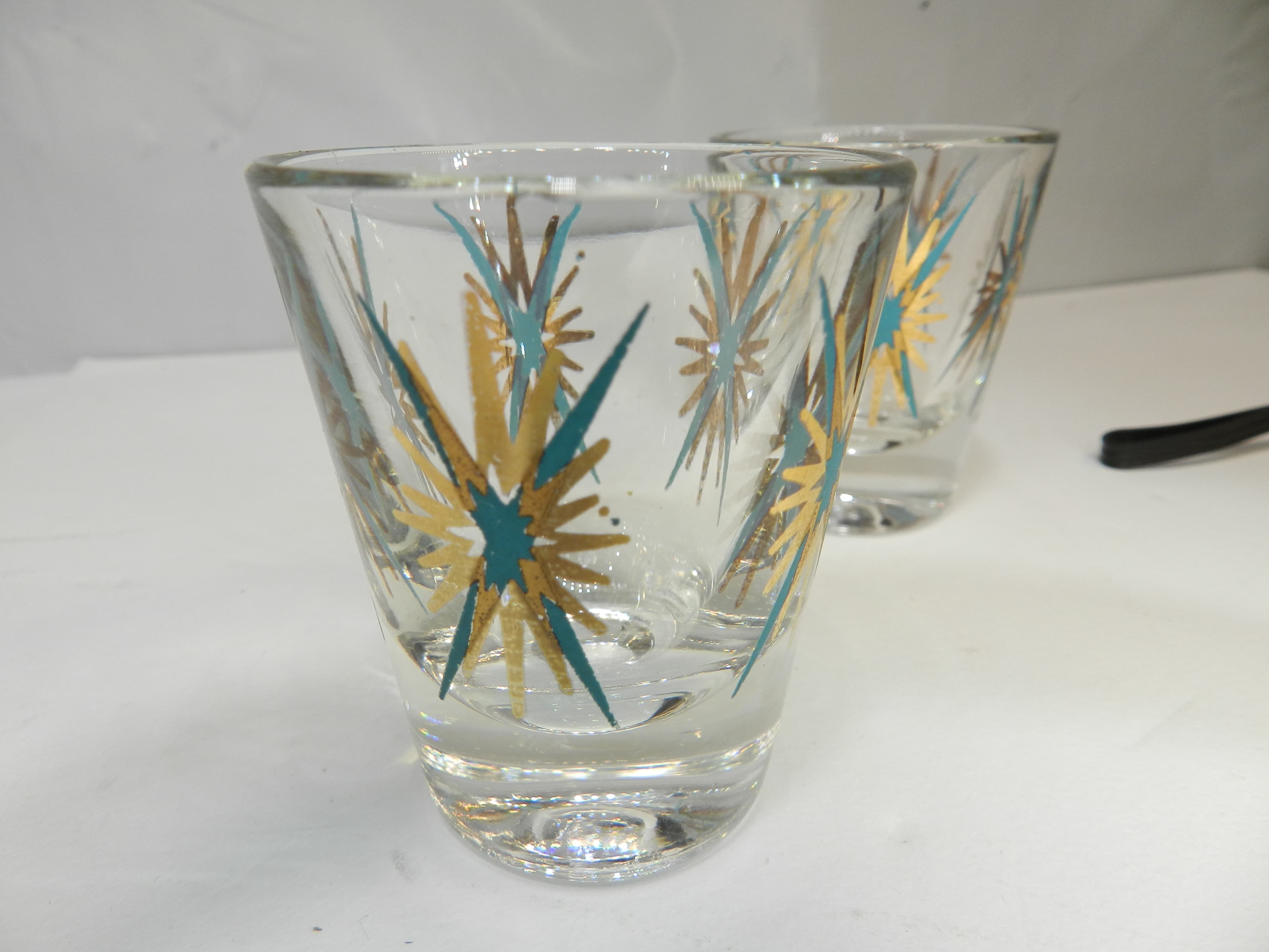 2  Federal Atomic Turquoise & 22-karat Gold Starburst Cocktail Shot Glasses O62J - Thumbnail 5