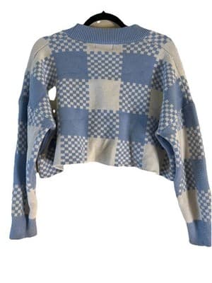 Cider || Blue and White Checkered Cropped Sweater with big blue Buttons || Sz M - Thumbnail 2