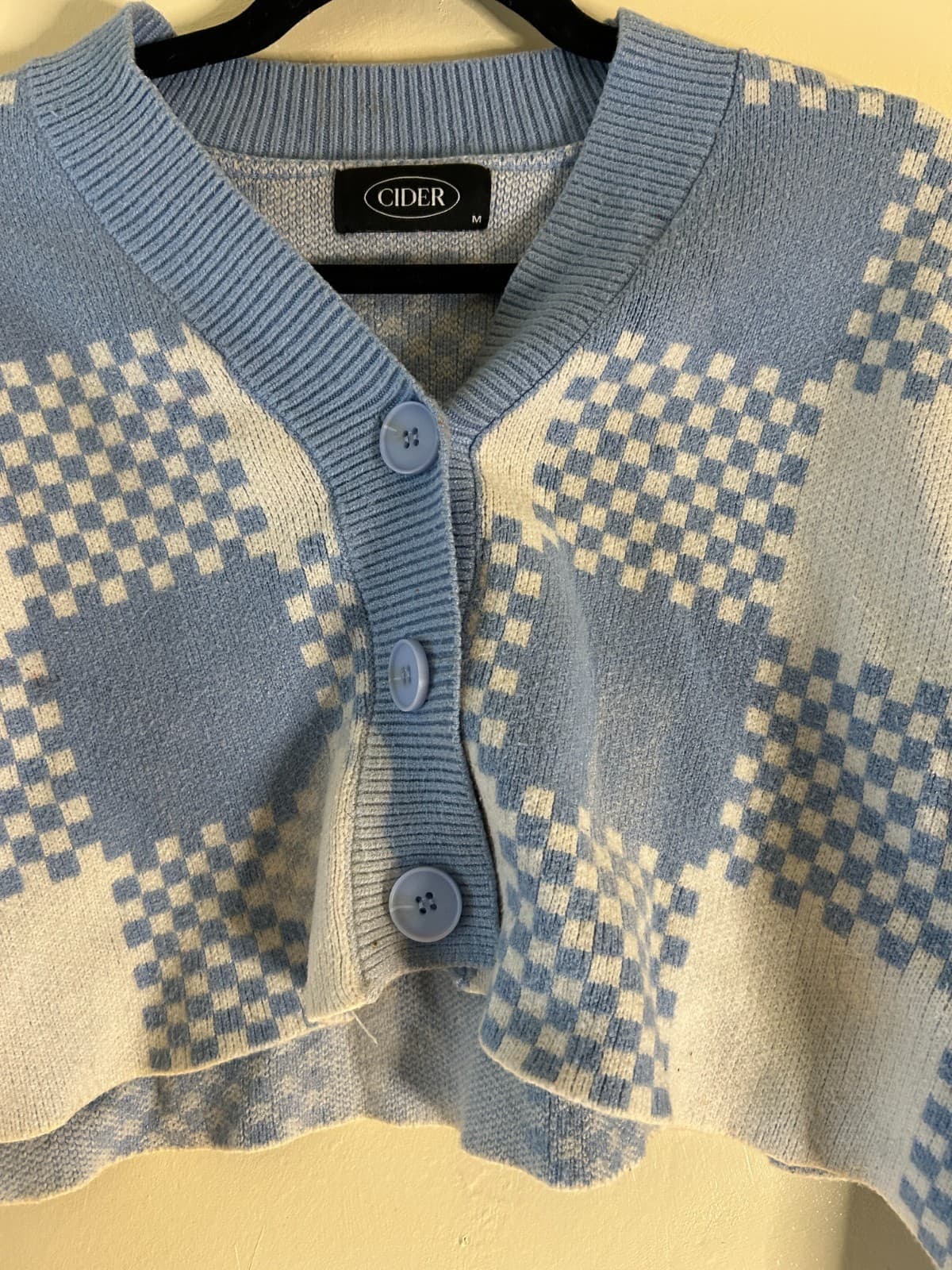 Cider || Blue and White Checkered Cropped Sweater with big blue Buttons || Sz M - Thumbnail 3