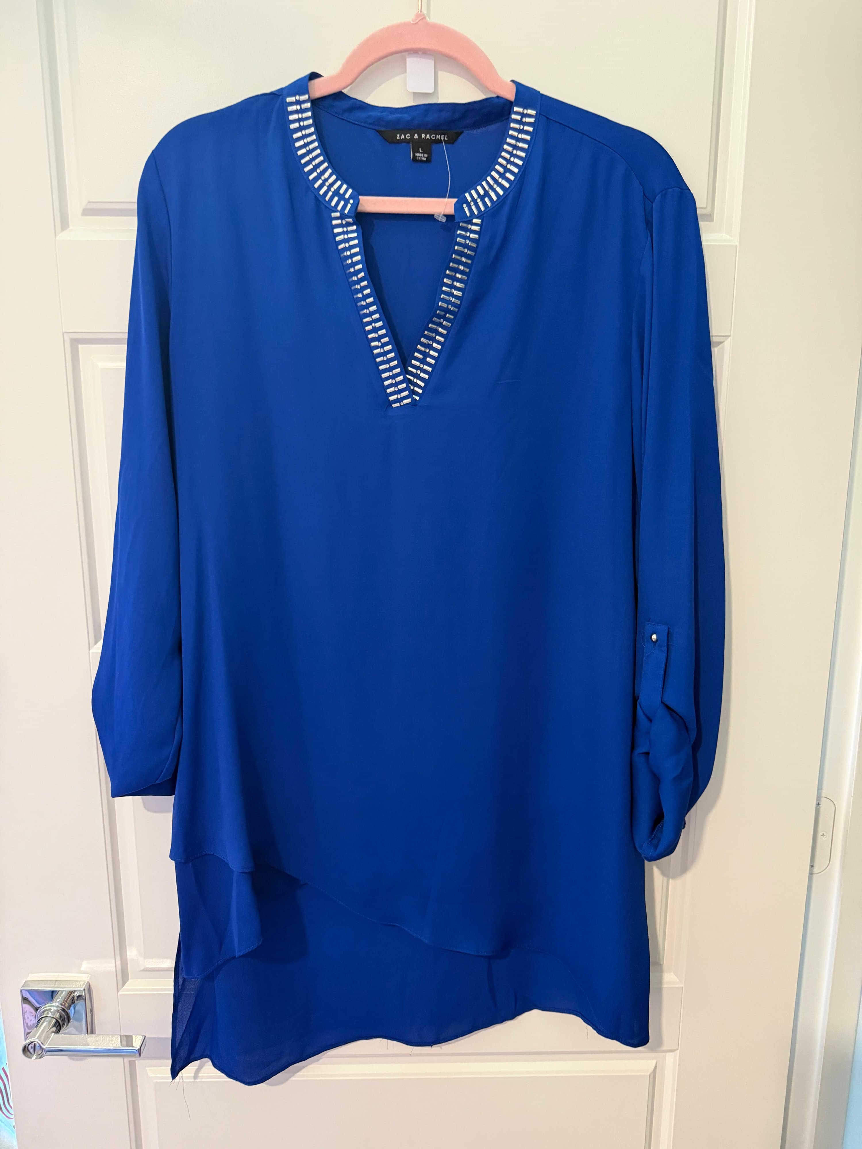 Zac & Rachel Blue Tunic Top with Embellished Neckline Size L