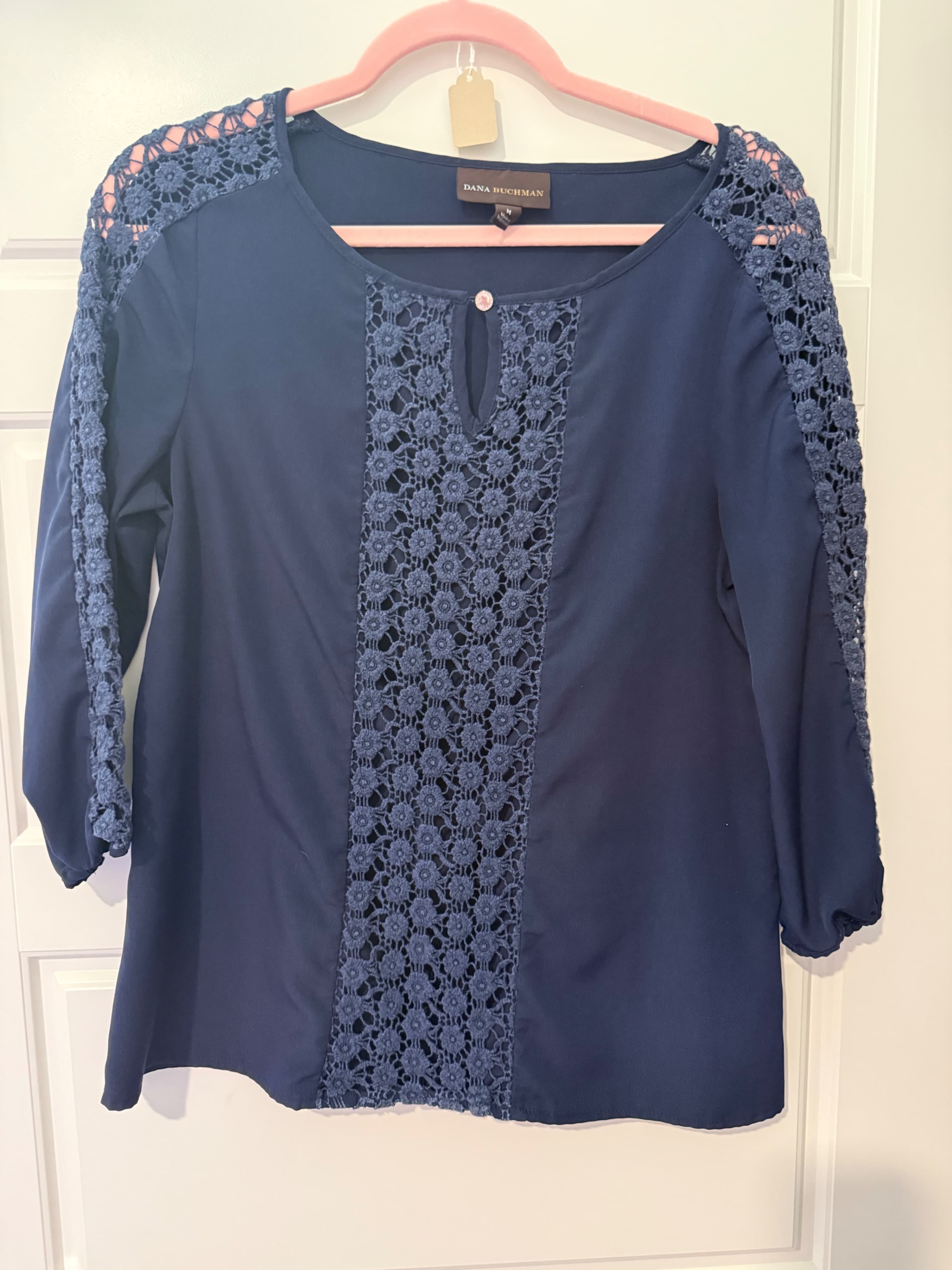 Dana Buchman Navy Crochet Blouse Size M