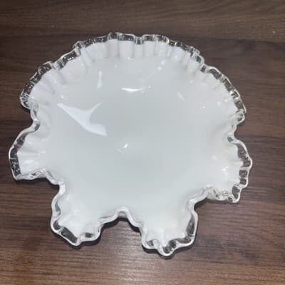 Vintage Fenton Silver Crest White Milk Glass Ruffled Edge 8" Pedestal Bowl - Thumbnail 2