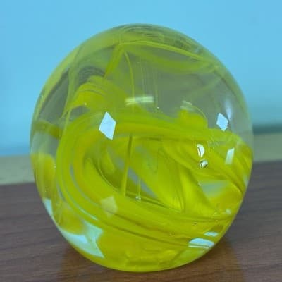 Vintage Gallery Collectibles 3” Oval Paperweight - Yellow Swirl Flat Bottom - Thumbnail 4