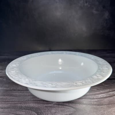 Vintage White Milk Glass VITROCK Raised Flower Rim Large Serving Bowl Heavy - Thumbnail 2