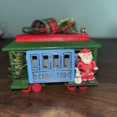 Noma Blue Cable Car Santa String Lightable Wood Christmas Ornament Vintage 3” - Thumbnail 6