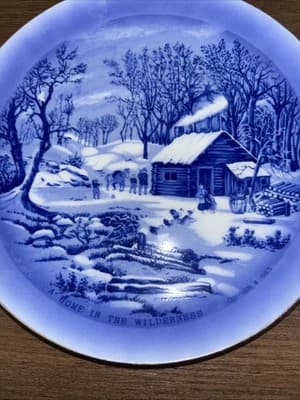 Currier & Ives Collector's Plate " Home in the Wilderness" 8" Wide Blue Flow - Thumbnail 6