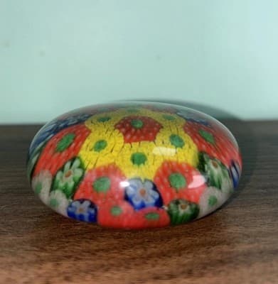 Small Art Glass Multicolor Flowers Slim Millefiori Paperweight Handmade Detailed - Thumbnail 4