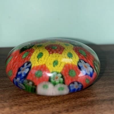 Small Art Glass Multicolor Flowers Slim Millefiori Paperweight Handmade Detailed - Thumbnail 3