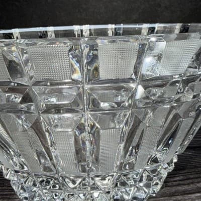 Vintage Art Deco Lead Cut Crystal Panel Cross Hatch Oval Bowl Centerpiece 7x5” - Thumbnail 2