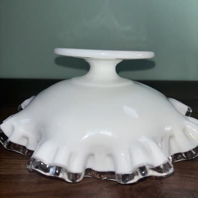 Vintage Fenton Silver Crest White Milk Glass Ruffled Edge 8" Pedestal Bowl - Thumbnail 9
