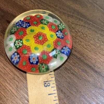Small Art Glass Multicolor Flowers Slim Millefiori Paperweight Handmade Detailed - Thumbnail 6