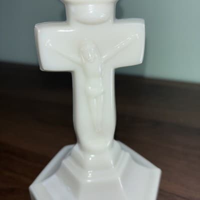 Antique MILK GLASS CRUCIFIX Christian JESUS Cross CANDLESTICK 9.5” - Thumbnail 13