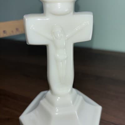 Antique MILK GLASS CRUCIFIX Christian JESUS Cross CANDLESTICK 9.5” - Thumbnail 12