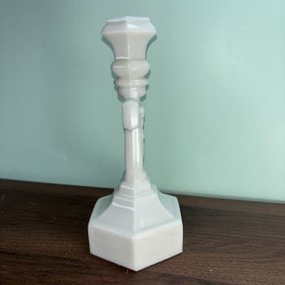 Antique MILK GLASS CRUCIFIX Christian JESUS Cross CANDLESTICK 9.5” - Thumbnail 5
