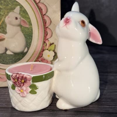 Rabbit Candle Holder Avon 1980 Bunny W Basket And Flowers VTG Easter Spring - Thumbnail 2
