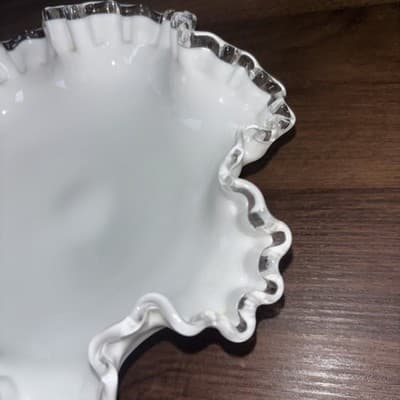 Vintage Fenton Silver Crest White Milk Glass Ruffled Edge 8" Pedestal Bowl - Thumbnail 3