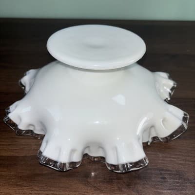 Vintage Fenton Silver Crest White Milk Glass Ruffled Edge 8" Pedestal Bowl - Thumbnail 8