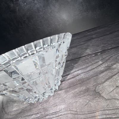 Vintage Art Deco Lead Cut Crystal Panel Cross Hatch Oval Bowl Centerpiece 7x5” - Thumbnail 9