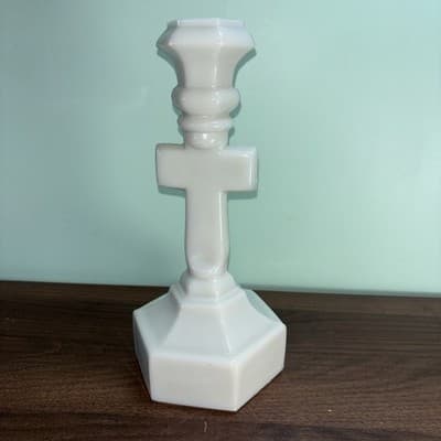 Antique MILK GLASS CRUCIFIX Christian JESUS Cross CANDLESTICK 9.5” - Thumbnail 3