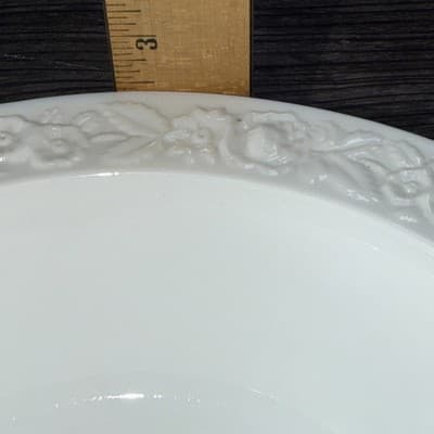 Vintage White Milk Glass VITROCK Raised Flower Rim Large Serving Bowl Heavy - Thumbnail 14