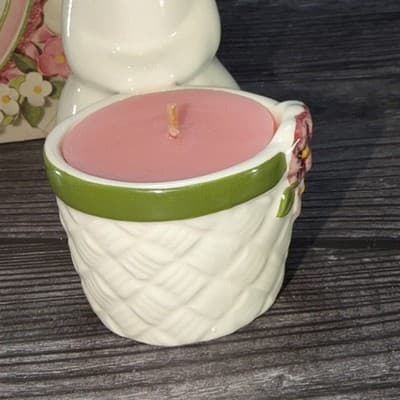 Rabbit Candle Holder Avon 1980 Bunny W Basket And Flowers VTG Easter Spring - Thumbnail 7