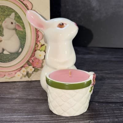 Rabbit Candle Holder Avon 1980 Bunny W Basket And Flowers VTG Easter Spring - Thumbnail 6