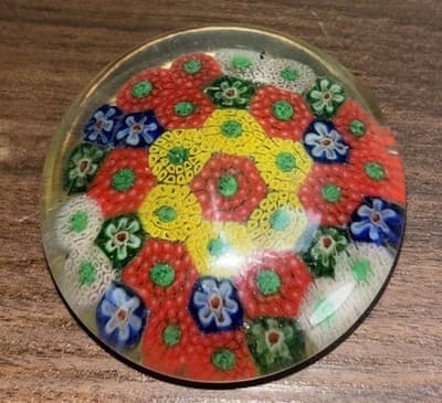 Small Art Glass Multicolor Flowers Slim Millefiori Paperweight Handmade Detailed