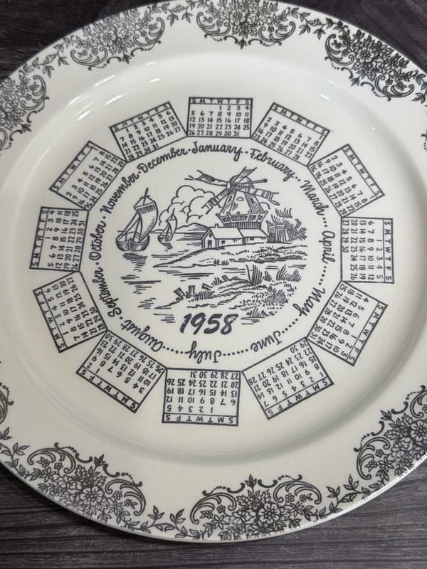 Taylor Smith Taylor 1958 Calendar Plate Windmill Sailboat Scene 10" - Thumbnail 2