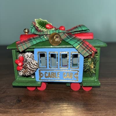 Noma Blue Cable Car Santa String Lightable Wood Christmas Ornament Vintage 3” - Thumbnail 2