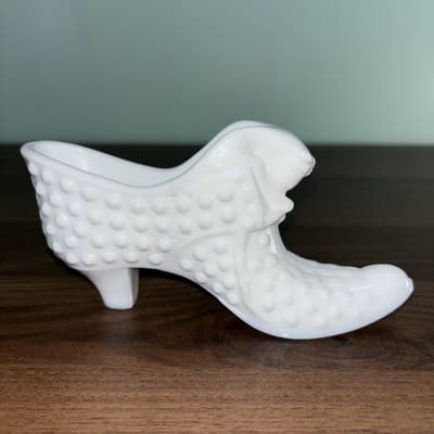 Vintage Paper Label Fenton Milk Glass Hobnail Cat Head High Heel Shoe Slipper