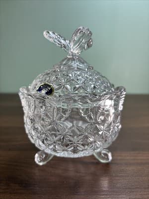Vintage Bohemia Czech Republic Crystal Footed Candy Trinket Dish w/Butterfly Lid